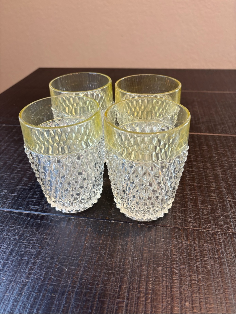 Vintage Indiana Glass Co Diamond Point Clear Glass Yellow Band Tumblers- 4